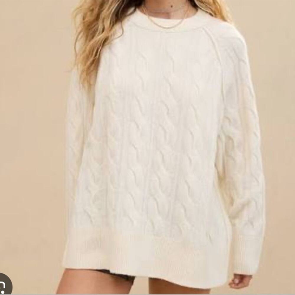 Aerie unREAL Cable Crew Sweater Women’s Cream White Oversized Fit American Eagle